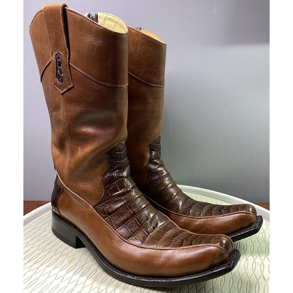 BOTAS‎ JACA MEN'S LEATHER BROWN COWBOY ALLIGATOR BOOTS SZ. 8 EE (xtra wide)